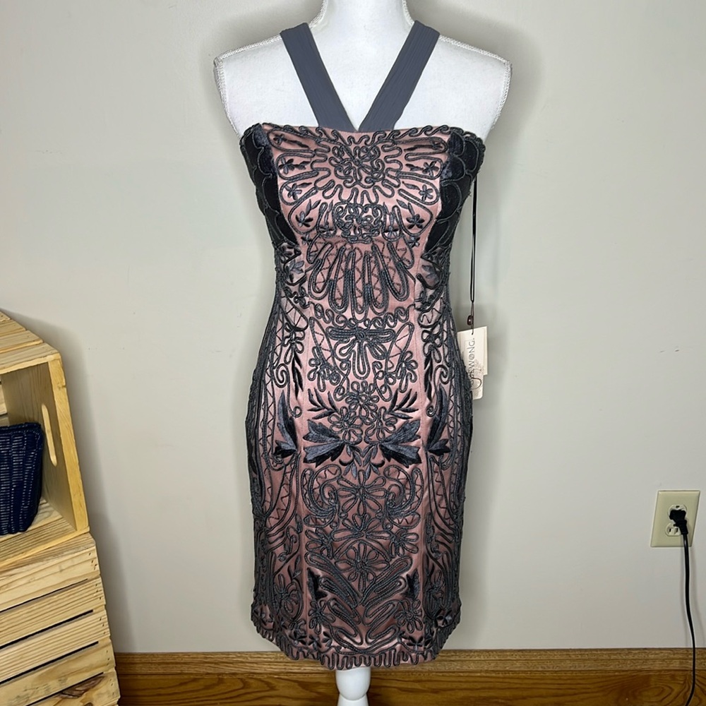 NWT! Sue Wong Gray Rose Embroidered Overlay Halter Dress 4